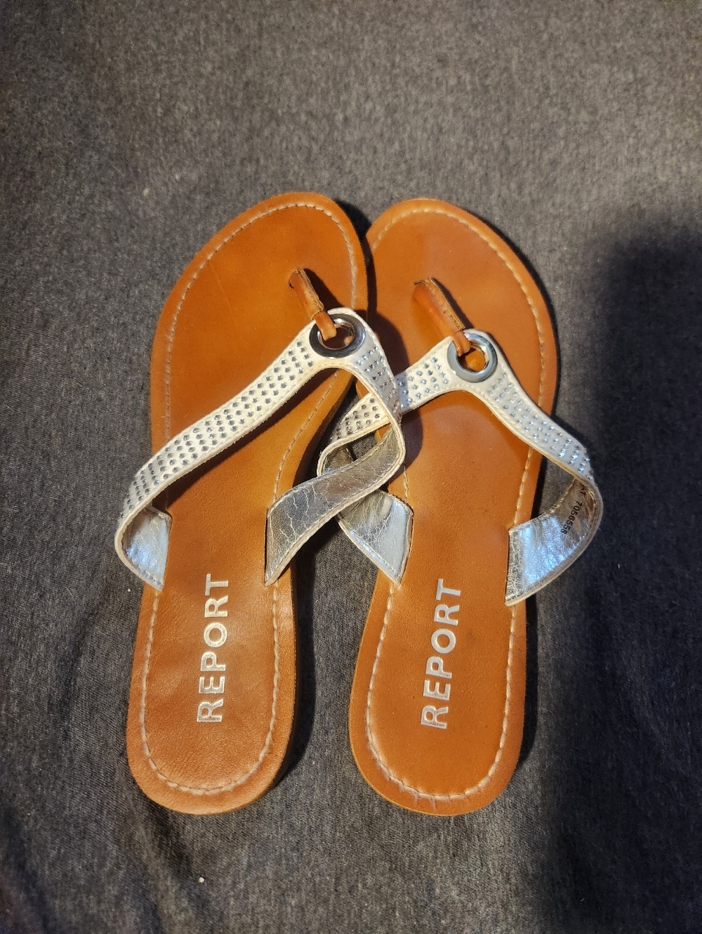 Report Women's Tan Footbed Sandals with Silver Metallic Straps